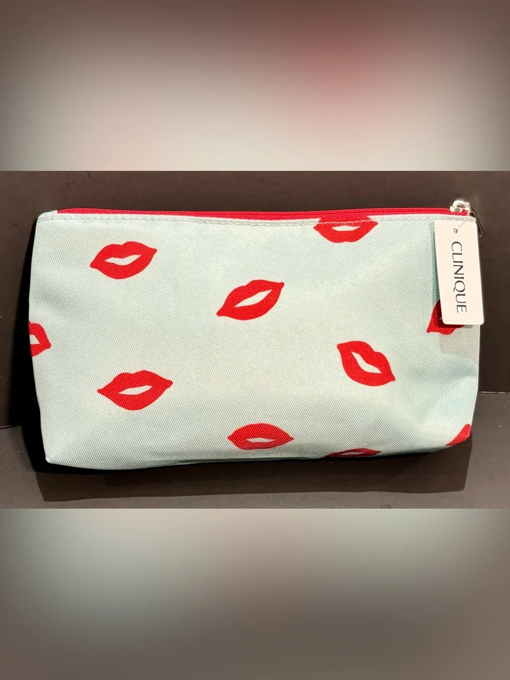 Clinique x kate spade Mint Cosmetic Pouch with Red Lip Print